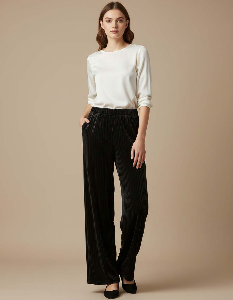 Pantalon Velours Noir Côtelé Ample Femme Élégant