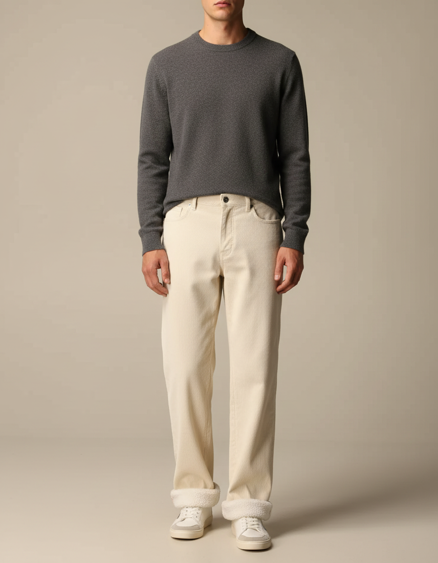 Pantalon Velours Crème Côtelé Doublé Chaud Homme - Beige
