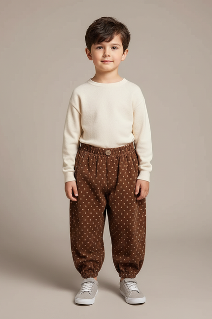 Pantalon Velours Marron Côtelé Ample Points Enfant