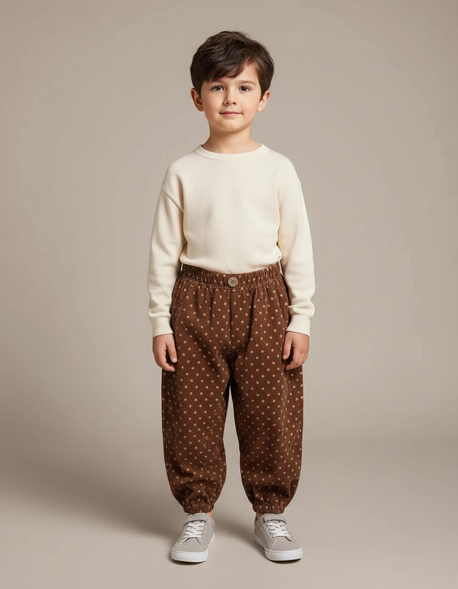 Pantalon Velours Marron Côtelé Ample Points Enfant