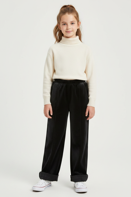 Pantalon Velours Noir Ample Fille Décontracté Hiver