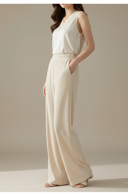 Pantalon Velours Beige Côtelé Large Fluide Femme