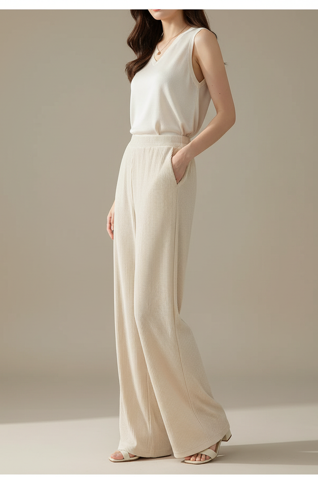 Pantalon Velours Beige Côtelé Large Fluide Femme