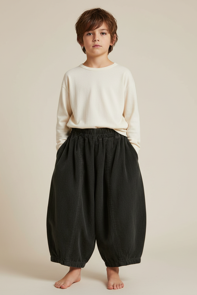 Pantalon Velours Côtelé Noir Ample Enfant Rétro - Cordé