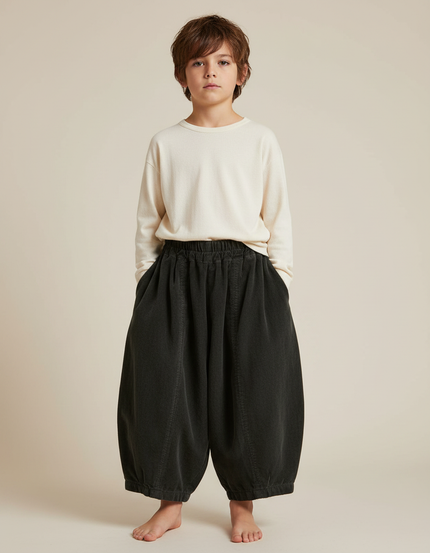 Pantalon Velours Côtelé Noir Ample Enfant Rétro - Cordé
