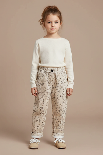 Pantalon Velours Beige Côtelé Imprimé Floral Doublé Enfant - Cordé
