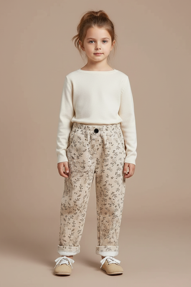 Pantalon Velours Beige Côtelé Imprimé Floral Doublé Enfant - Cordé