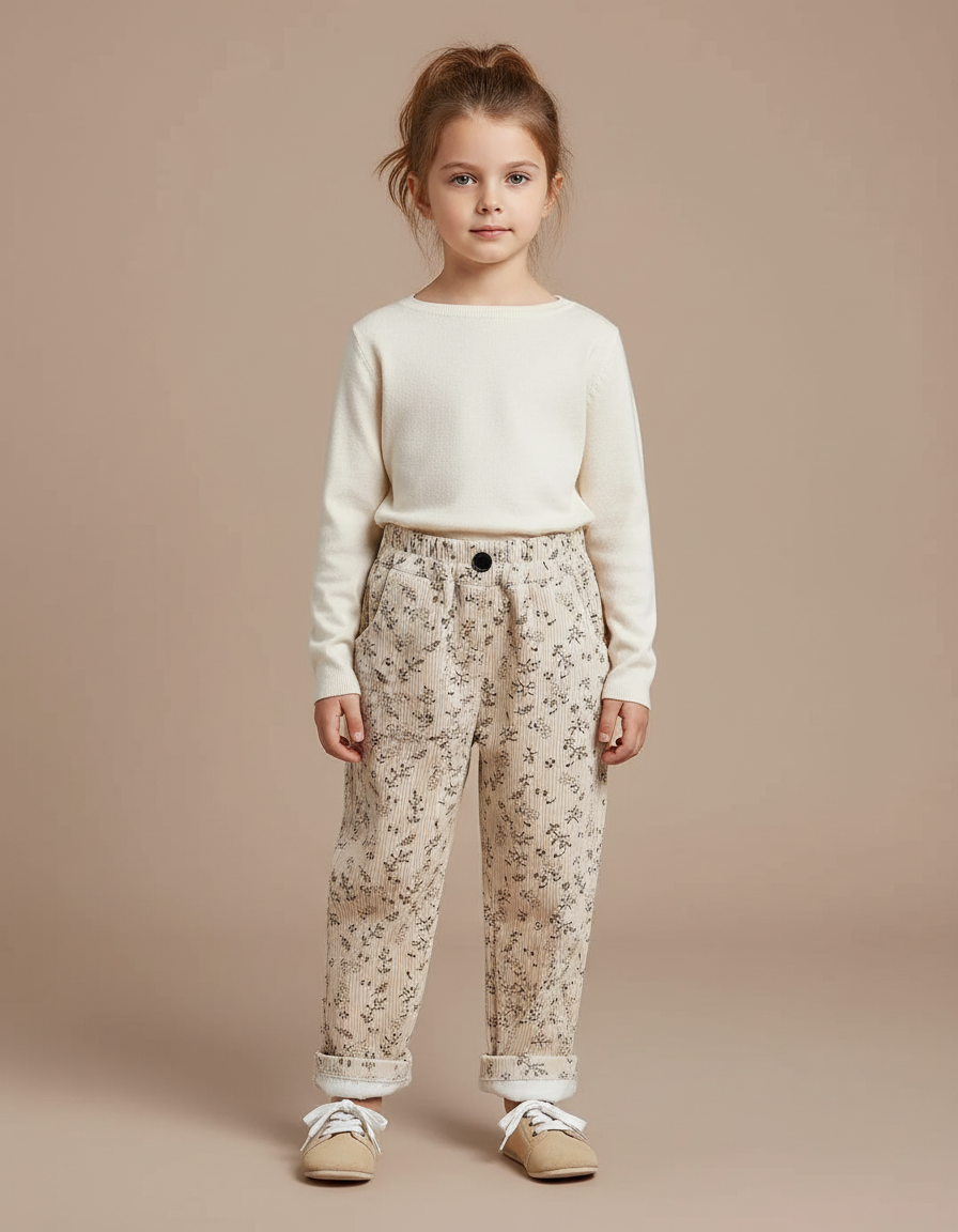Pantalon Velours Beige Côtelé Imprimé Floral Doublé Enfant - Cordé