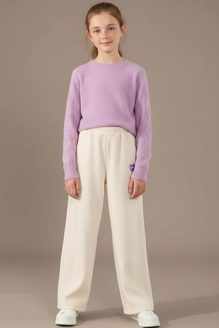 Pantalon Velours Crème Côtelé Ample Fille Décontracté - Beige Cordé