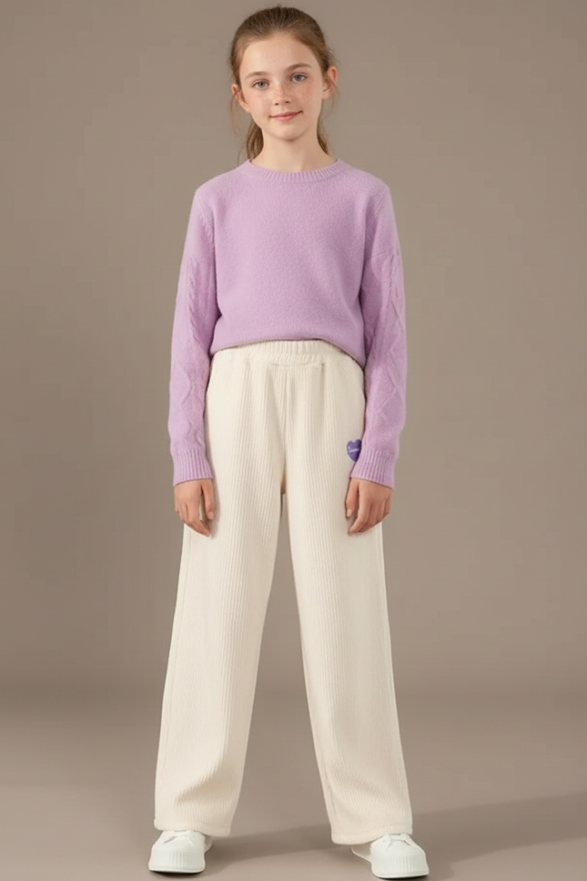 Pantalon Velours Crème Côtelé Ample Fille Décontracté - Beige Cordé