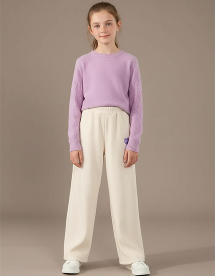 Pantalon Velours Crème Côtelé Ample Fille Décontracté - Beige Cordé