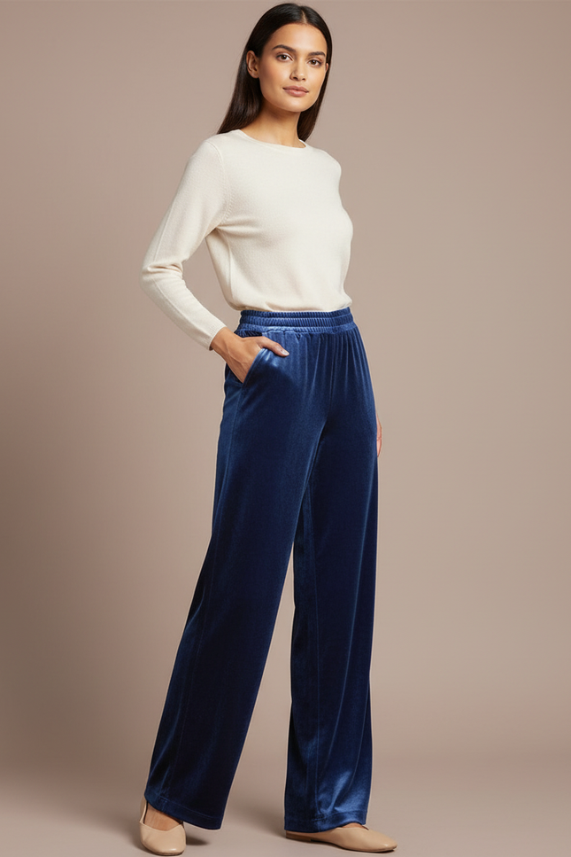 Pantalon Velours Bleu Marine Ample Fluide Élégant Femme