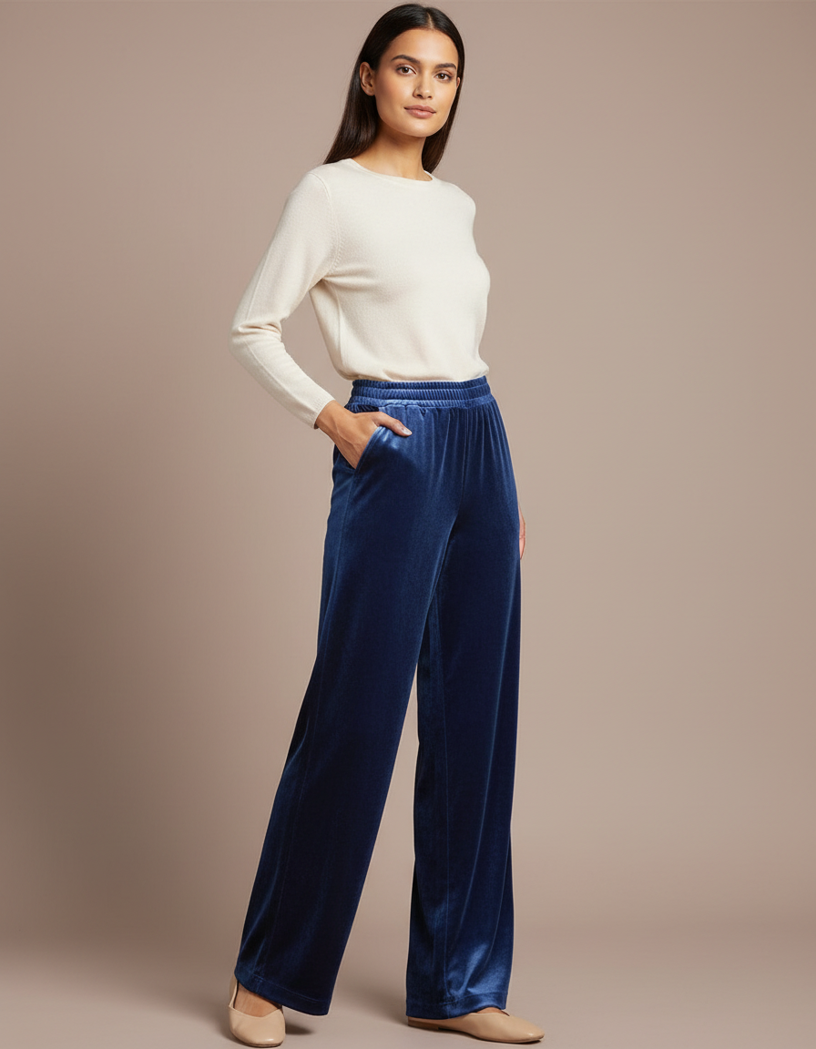 Pantalon Velours Bleu Marine Ample Fluide Élégant Femme