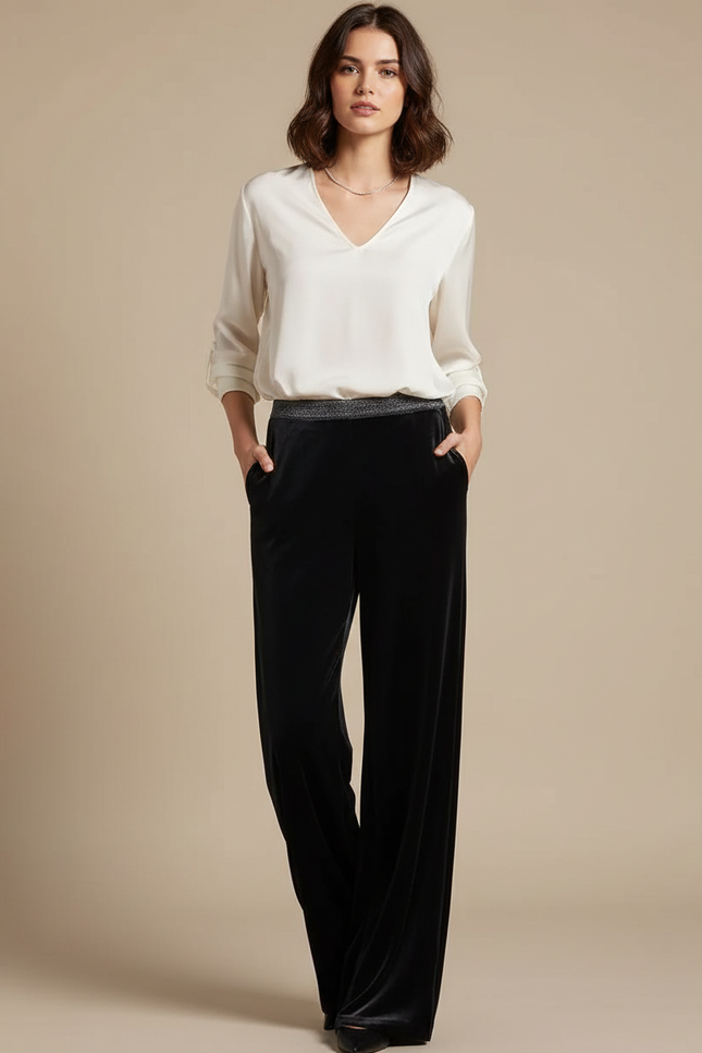 Pantalon Velours Noir Ample Fluide Taille Haute