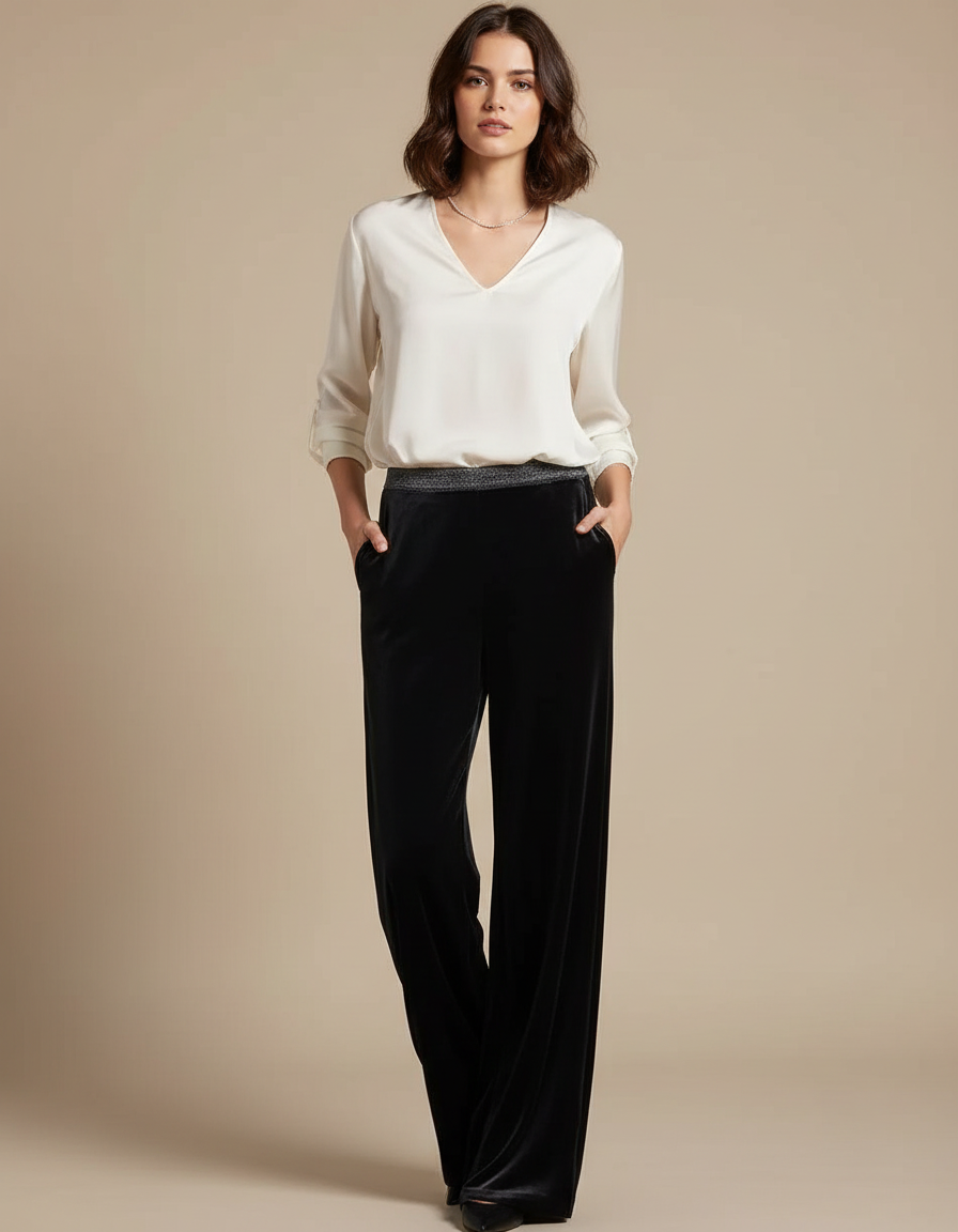 Pantalon Velours Noir Ample Fluide Taille Haute