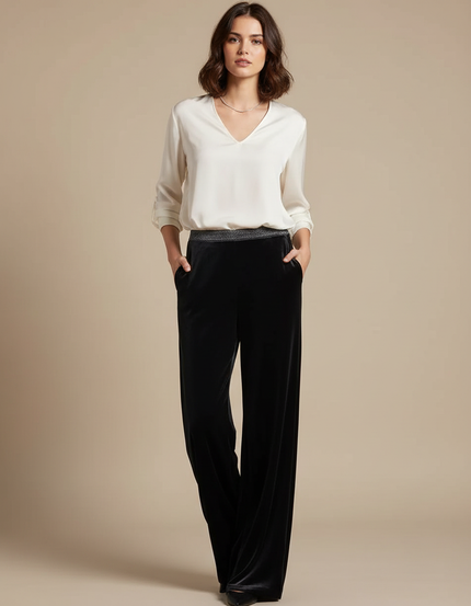 Pantalon Velours Noir Ample Fluide Taille Haute