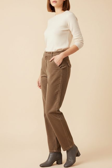 Pantalon Velours Côtelé Marron Taille Haute Femme - Cordé