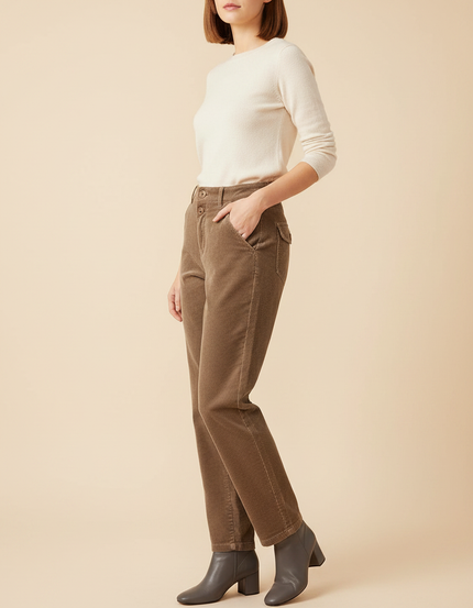 Pantalon Velours Côtelé Marron Taille Haute Femme - Cordé