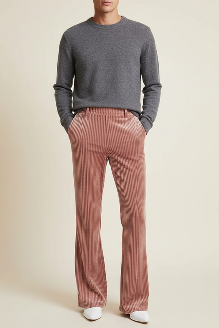 Pantalon Velours Rose Côtelé Évasé Large Élégant Femme - Cordé