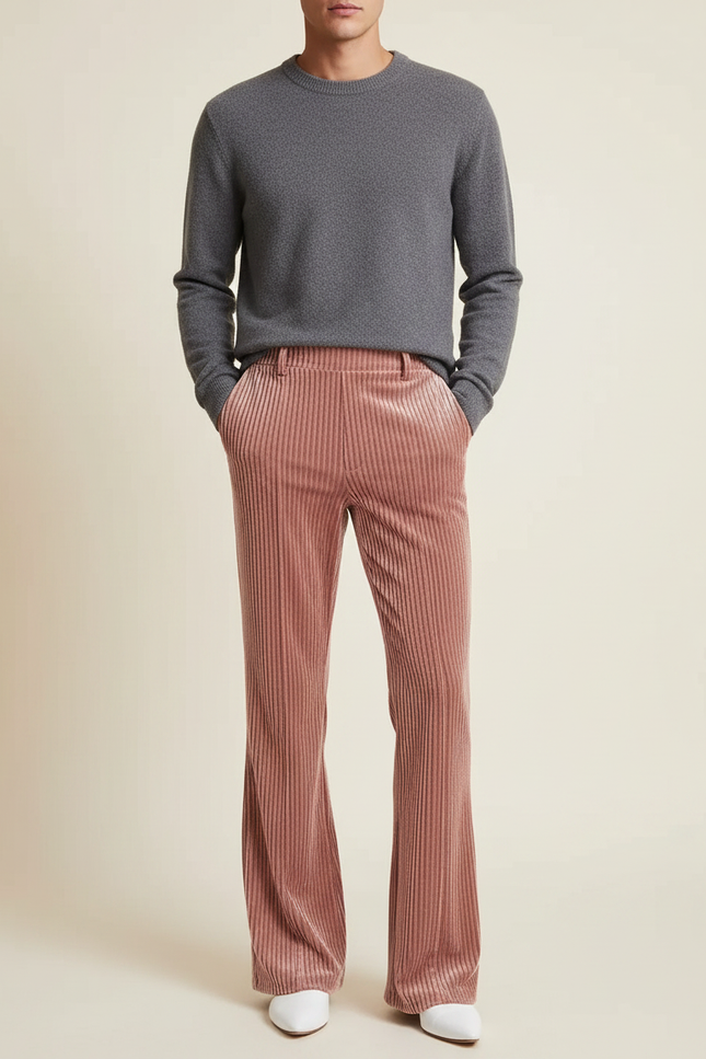 Pantalon Velours Rose Côtelé Évasé Large Élégant Femme - Cordé