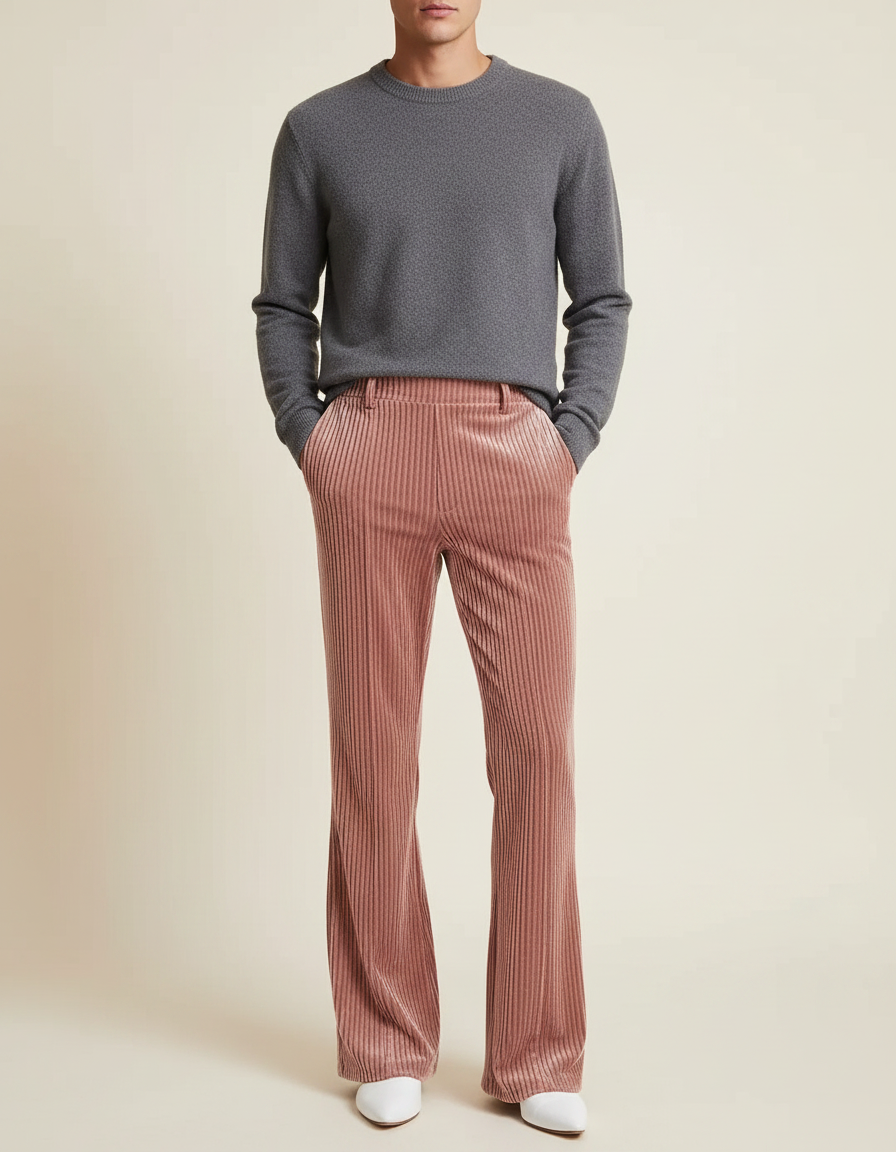 Pantalon Velours Rose Côtelé Évasé Large Élégant Femme - Cordé