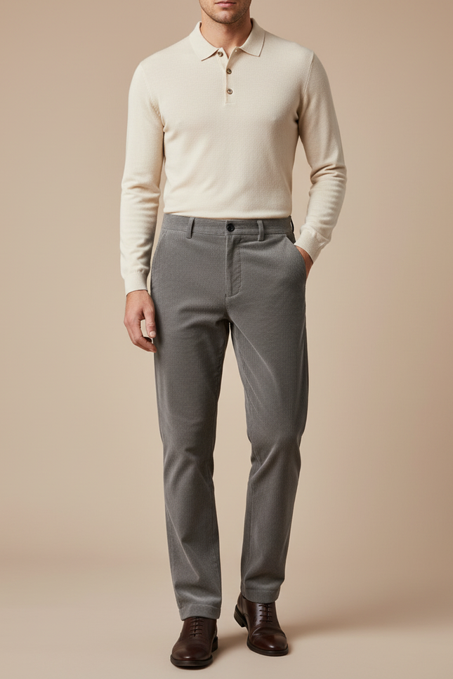 Pantalon Velours Côtelé Gris Coupe Droite Homme Chic - Cordé