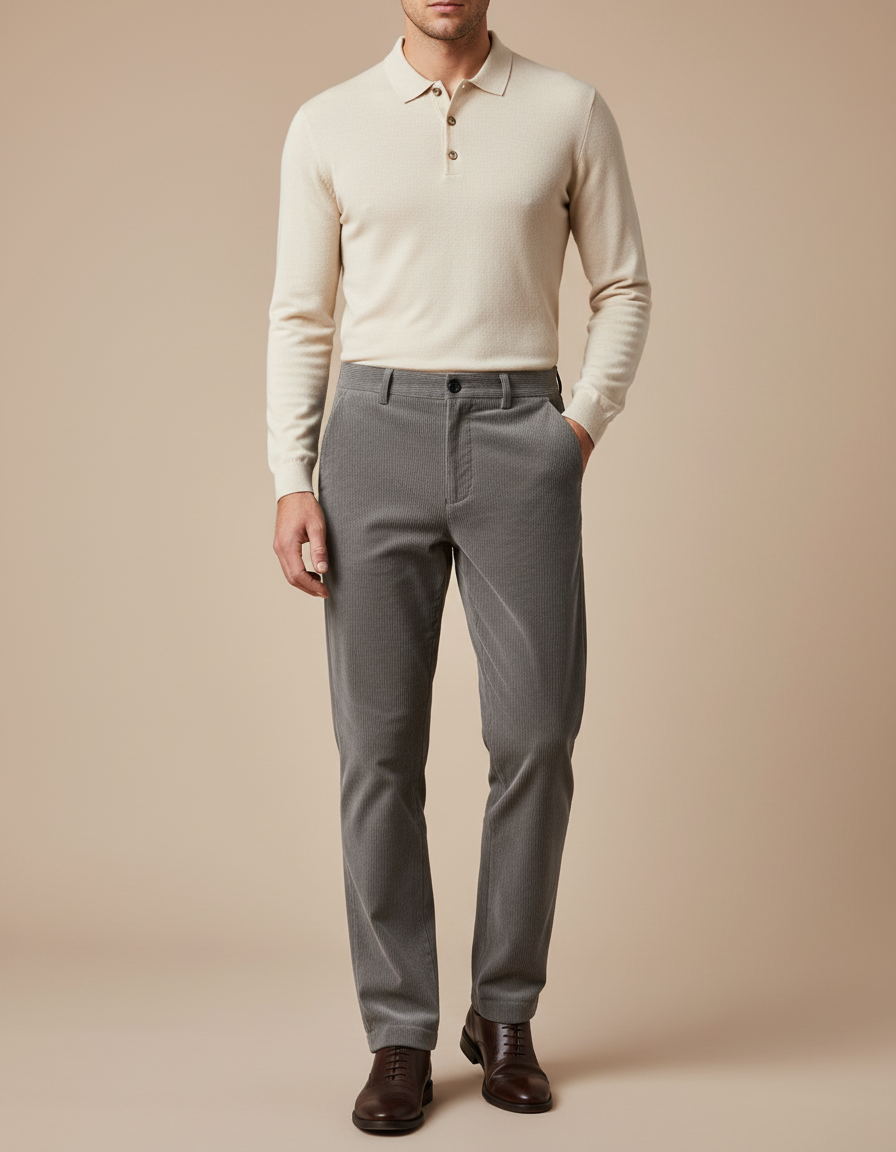 Pantalon Velours Côtelé Gris Coupe Droite Homme Chic - Cordé