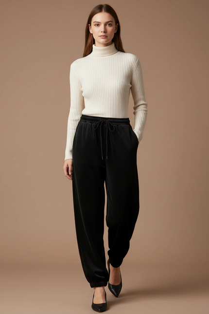 Pantalon Velours Noir Ample Cordon Décontracté Femme