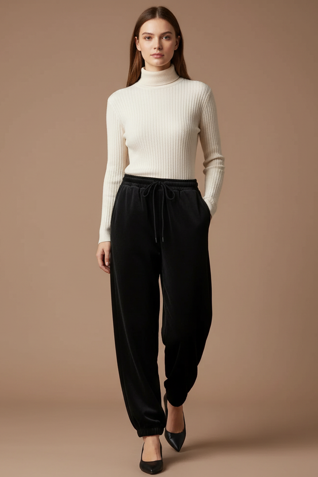 Pantalon Velours Noir Ample Cordon Décontracté Femme