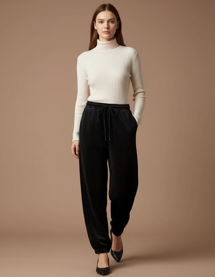 Pantalon Velours Noir Ample Cordon Décontracté Femme