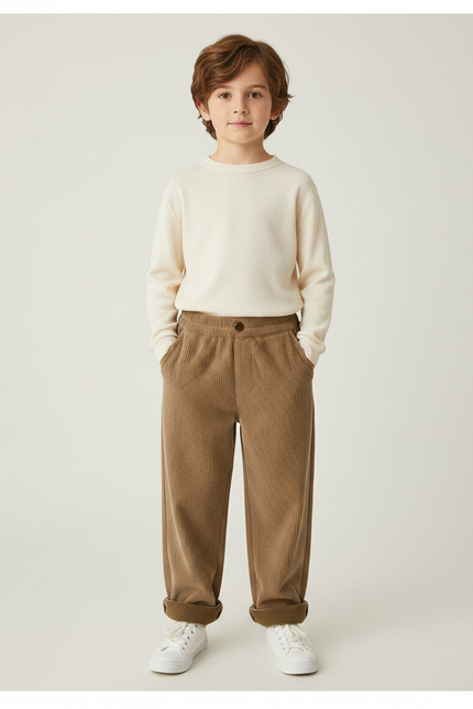 Pantalon Velours Côtelé Marron Ample Décontracté Enfant