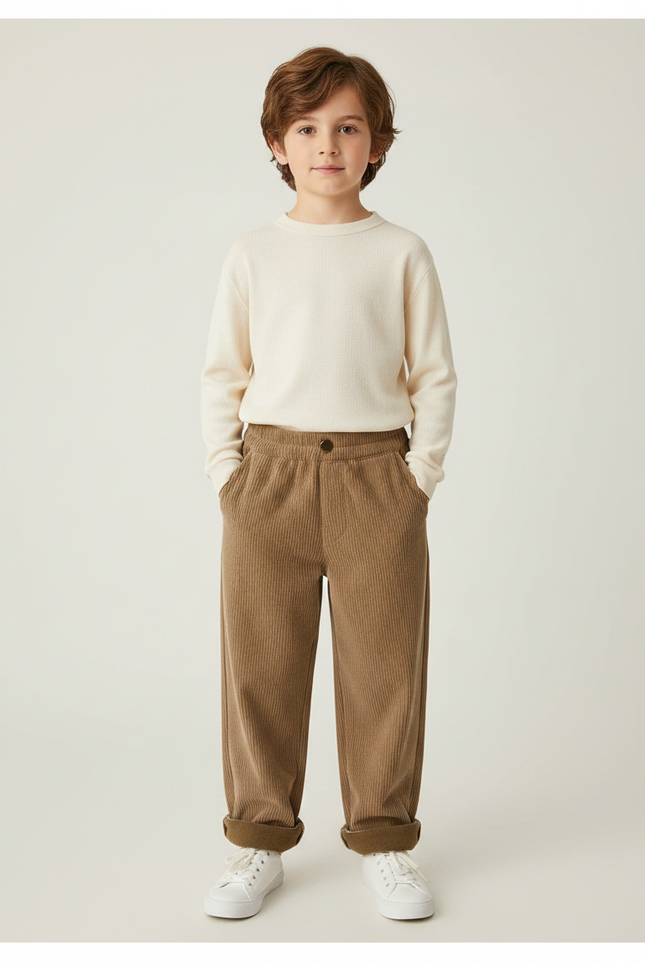 Pantalon Velours Côtelé Marron Ample Décontracté Enfant