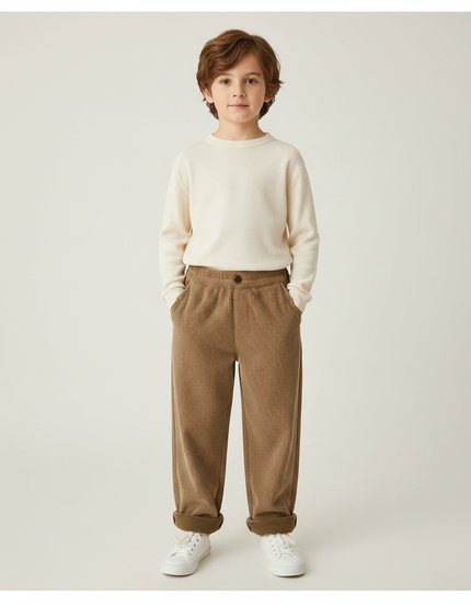 Pantalon Velours Côtelé Marron Ample Décontracté Enfant