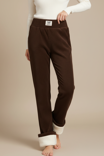 Pantalon Velours Marron Côtelé Doublé Polaire Ample Femme - Cordé