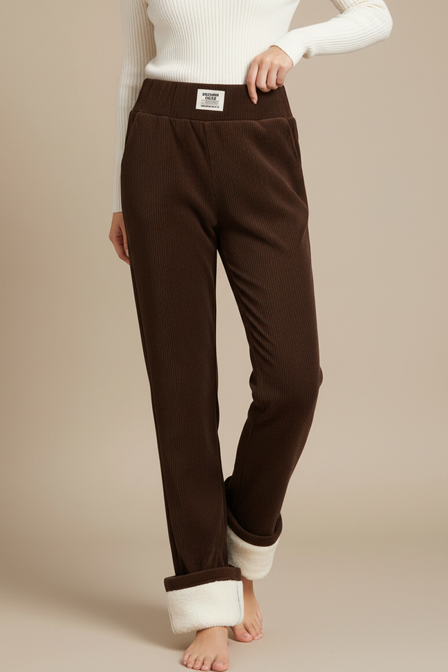 Pantalon Velours Marron Côtelé Doublé Polaire Ample Femme - Cordé