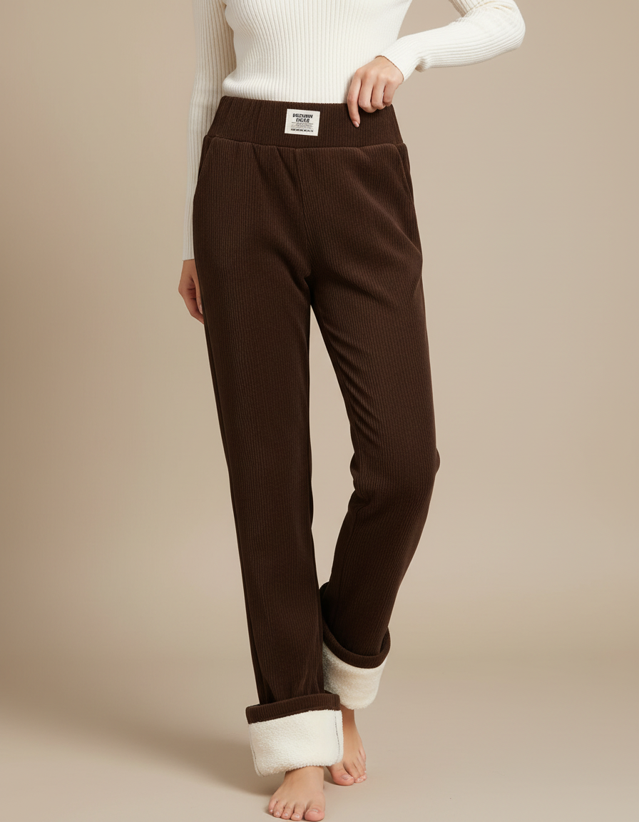 Pantalon Velours Marron Côtelé Doublé Polaire Ample Femme - Cordé