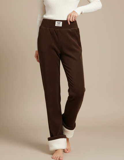 Pantalon Velours Marron Côtelé Doublé Polaire Ample Femme - Cordé