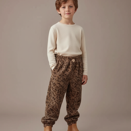 Pantalon Velours Côtelé Marron Imprimé Léopard Enfant