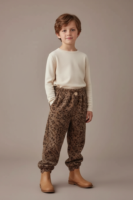 Pantalon Velours Côtelé Marron Imprimé Léopard Enfant