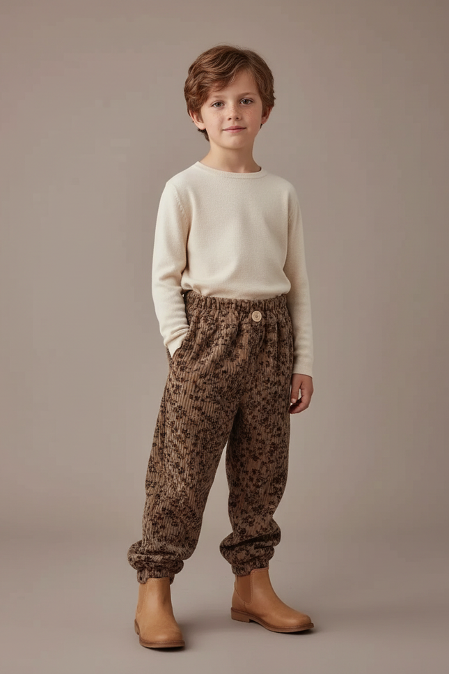 Pantalon Velours Côtelé Marron Imprimé Léopard Enfant