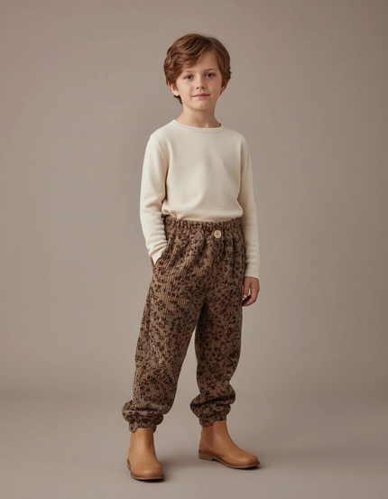 Pantalon Velours Côtelé Marron Imprimé Léopard Enfant