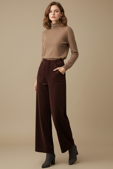 Pantalon Velours Côtelé Marron Large Taille Haute