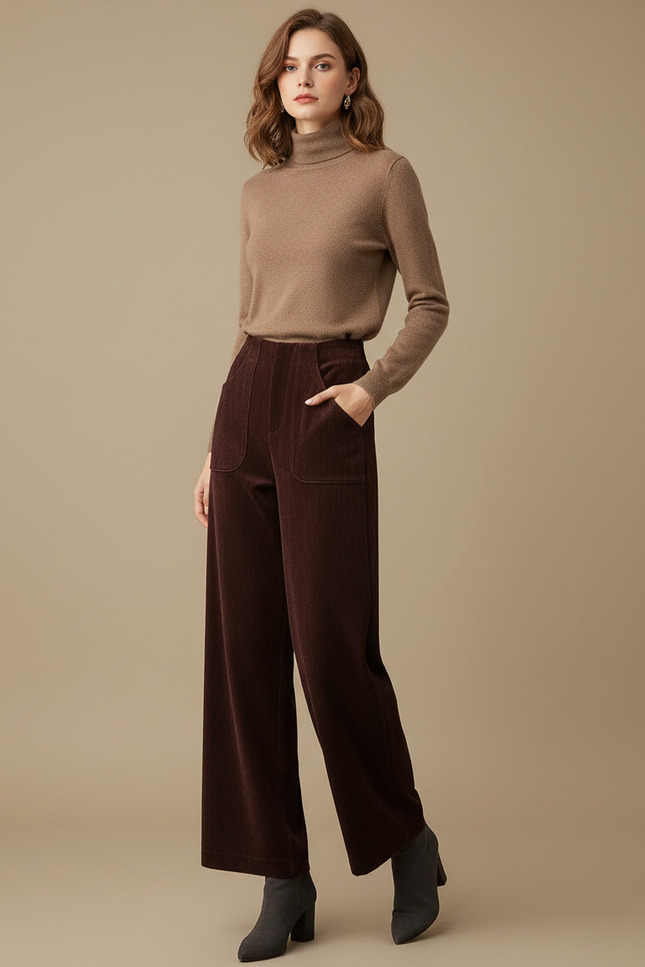 Pantalon Velours Côtelé Marron Large Taille Haute