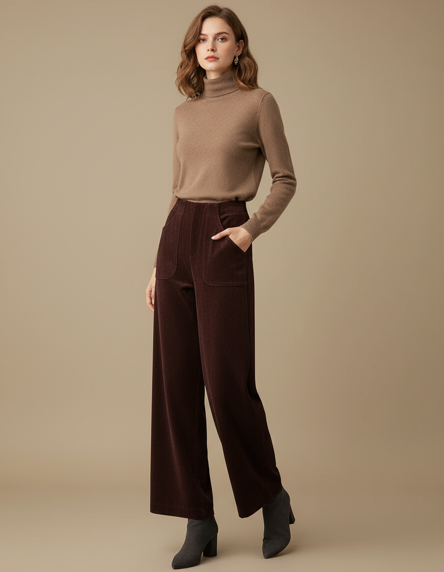 Pantalon Velours Côtelé Marron Large Taille Haute