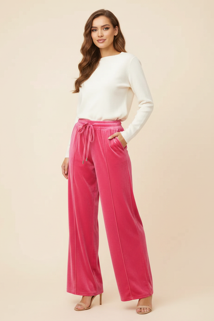 Pantalon Velours Rose Fushia Ample Cordon Femme