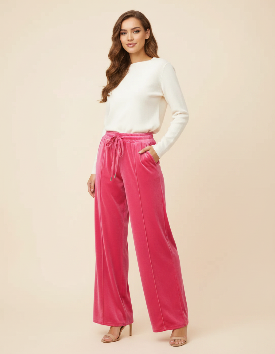 Pantalon Velours Rose Fushia Ample Cordon Femme