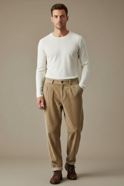Pantalon Velours Côtelé Homme Beige Décontracté Ample - Cordé