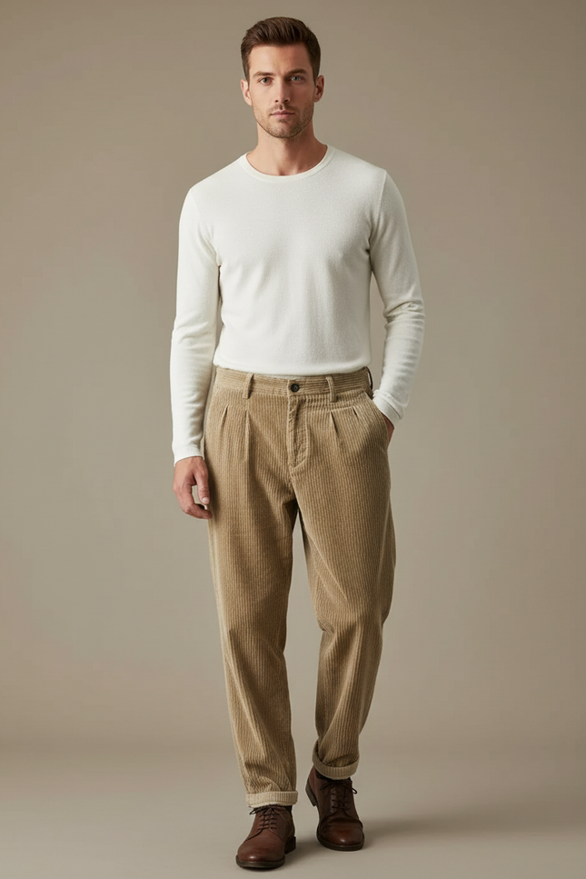 Pantalon Velours Côtelé Homme Beige Décontracté Ample - Cordé
