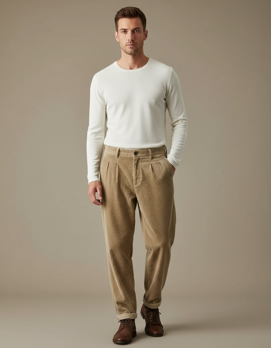 Pantalon Velours Côtelé Homme Beige Décontracté Ample - Cordé