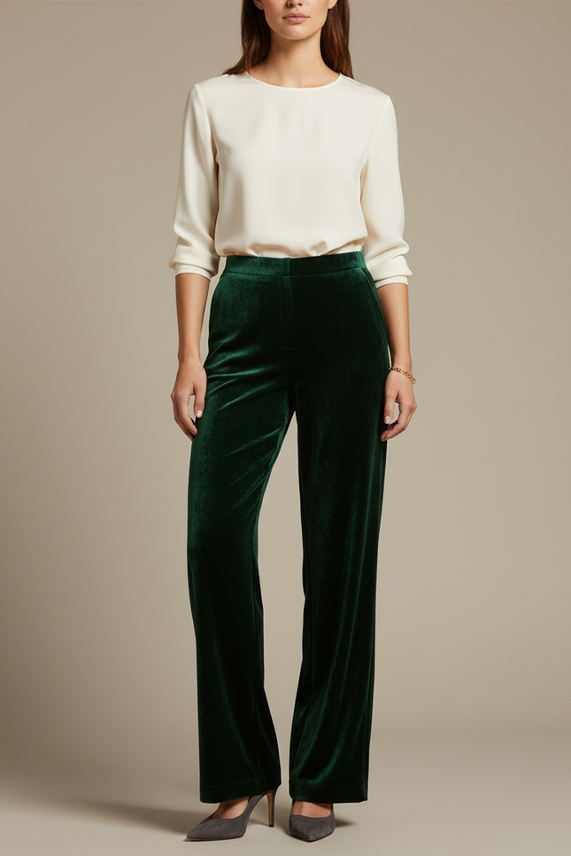 Pantalon Velours Vert Émeraude Large Élégant Femme